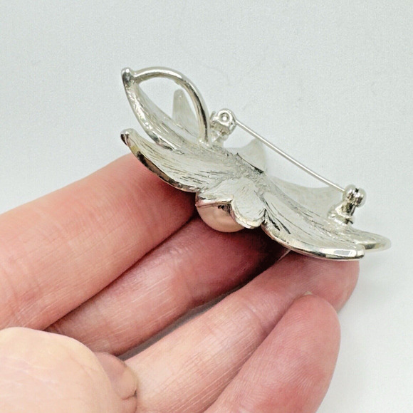 Silver Tone Rhinestone Faux Pearl Flower Brooch/Pendant Pink Purple Feminine 2" - Picture 4 of 7